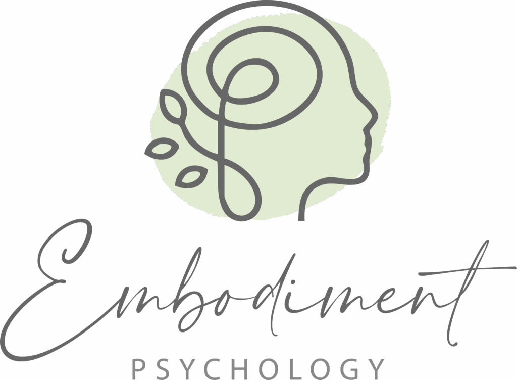 Logo for Embodiment Psychology featuring a minimalist line drawing of a human profile with an abstract spiral and leaf motif, symbolizing growth, mind-body connection, and mental wellness.