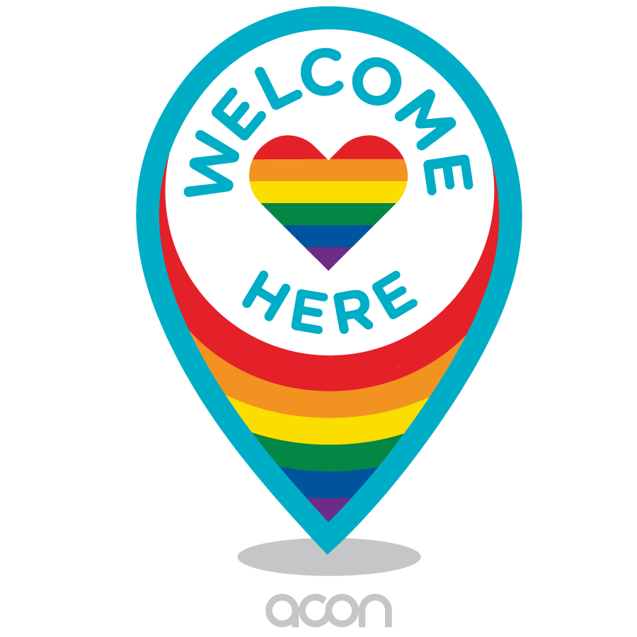ACON Welcome Here logo featuring a rainbow heart inside a location pin symbol, representing a safe and inclusive space for LGBTQ+ individuals.