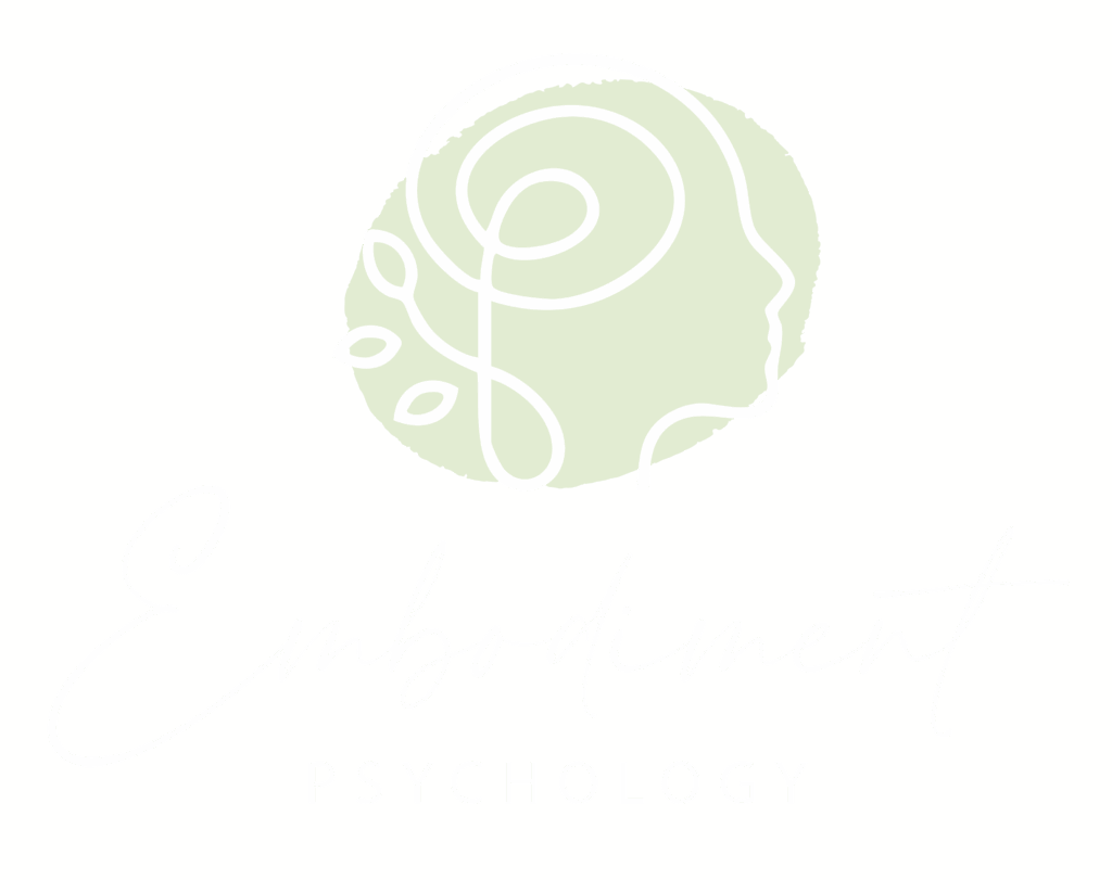 Logo for Embodiment Psychology featuring a minimalist line drawing of a human profile with an abstract spiral and leaf motif, symbolizing growth, mind-body connection, and mental wellness.
